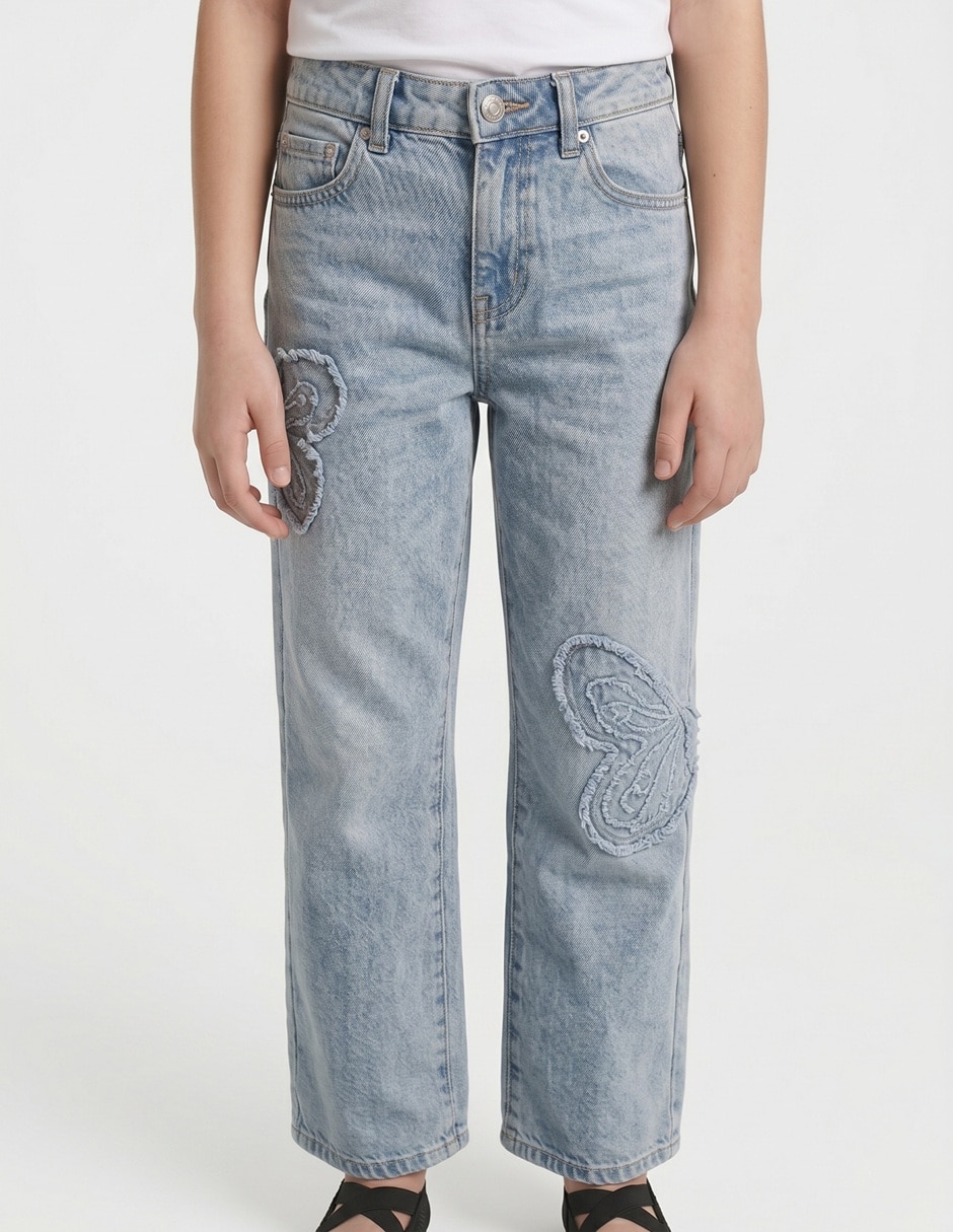 Jeans wide leg mariposas lavado claro para niña 4