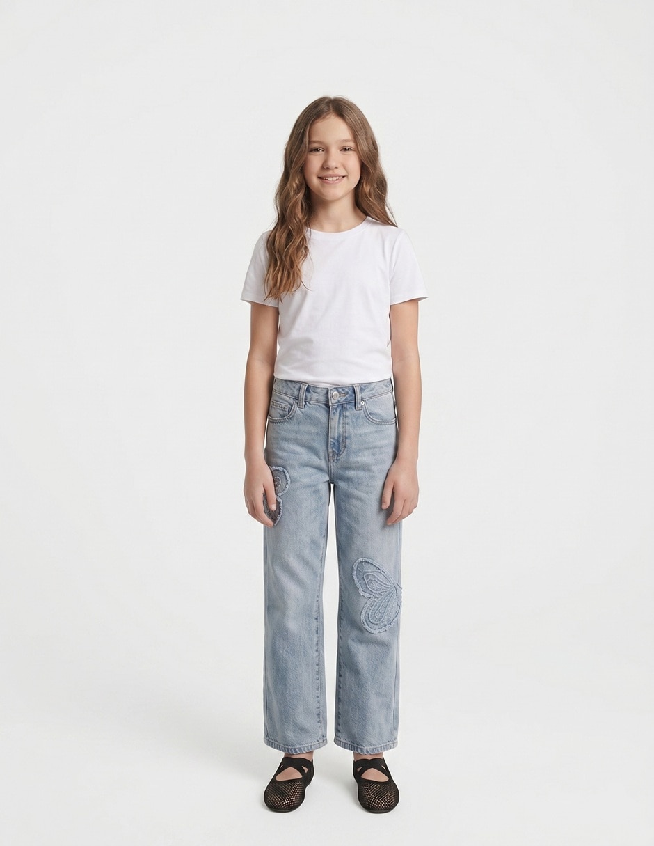 Jeans wide leg mariposas lavado claro para niña Jeans wide leg mariposas lavado claro para niña