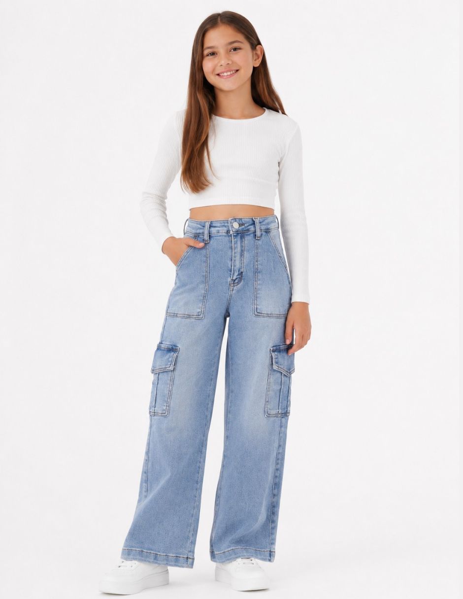 Jeans cargo relajado lavado claro para Niña