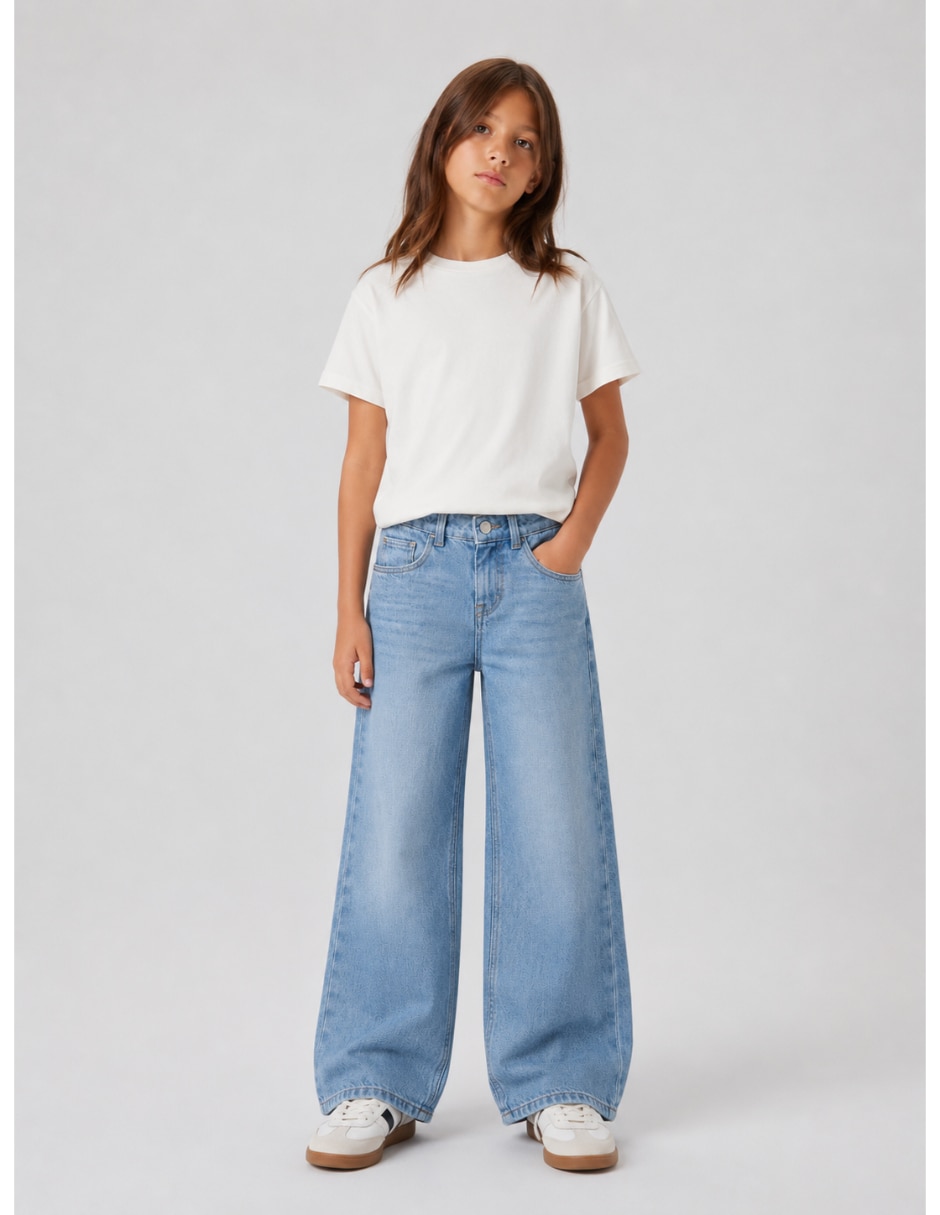 Jeans wide leg deslavado para niña