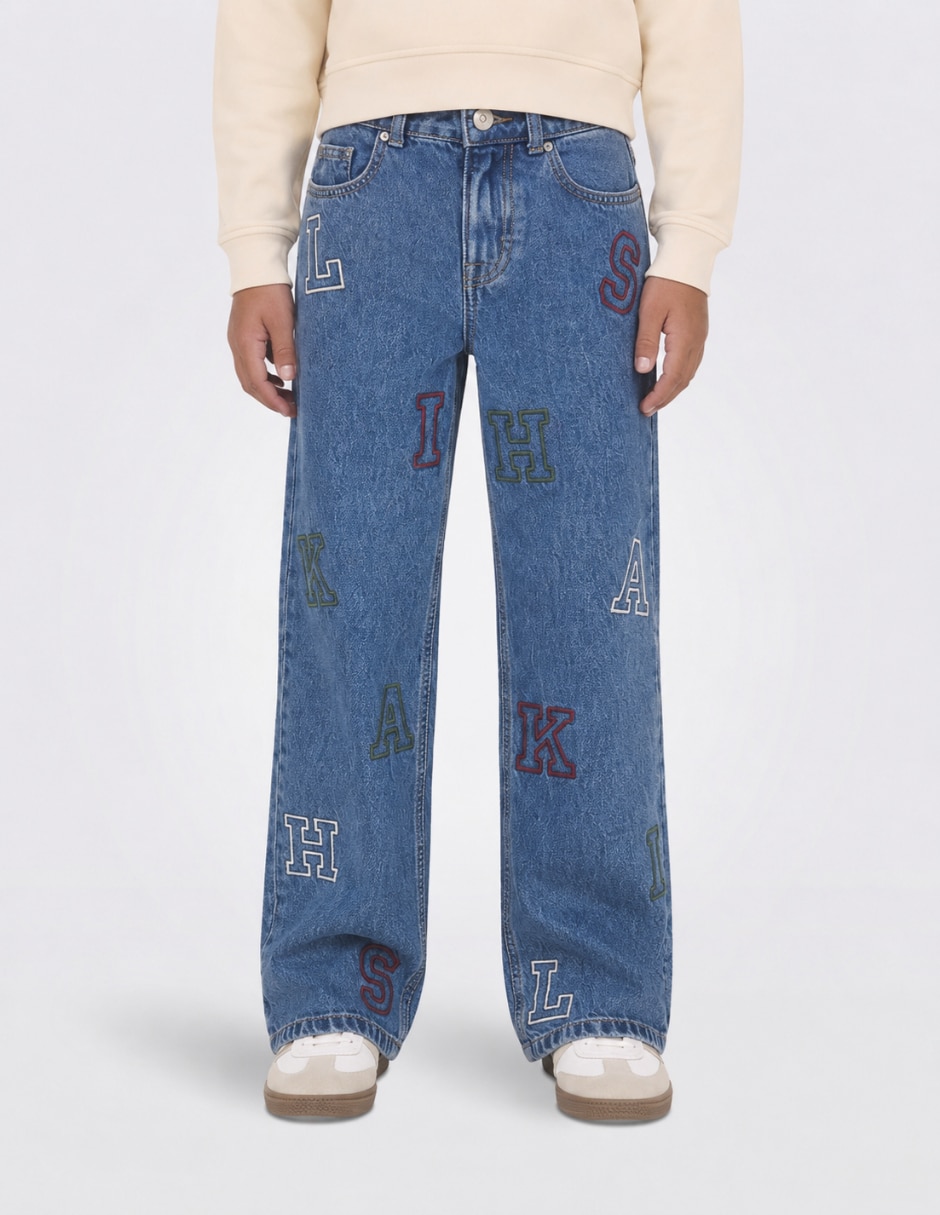 Jeans wide leg lavado medio para niña