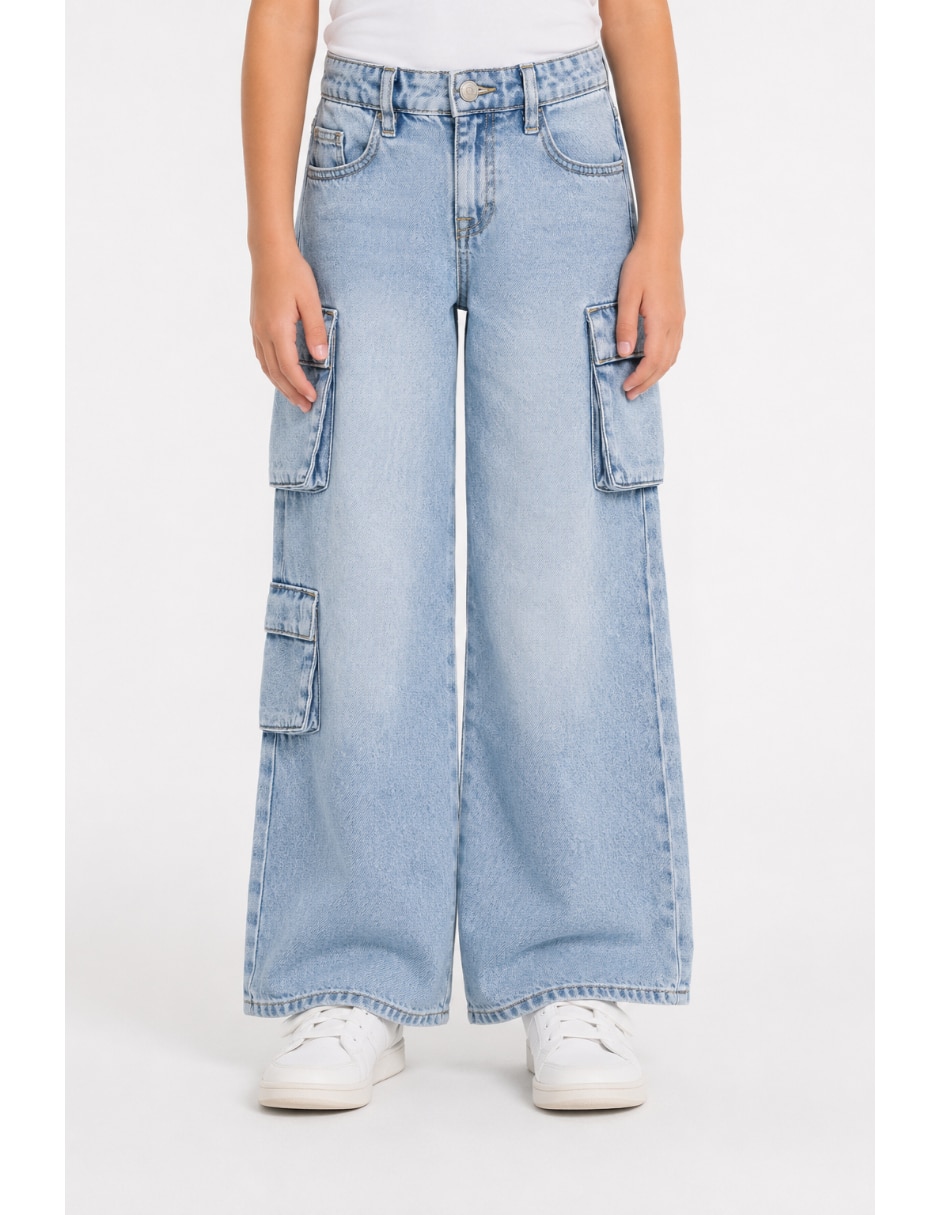 Jeans regular jenas wide leg cargo lavado claro para niña Jeans regular jenas wide leg cargo lavado claro para niña