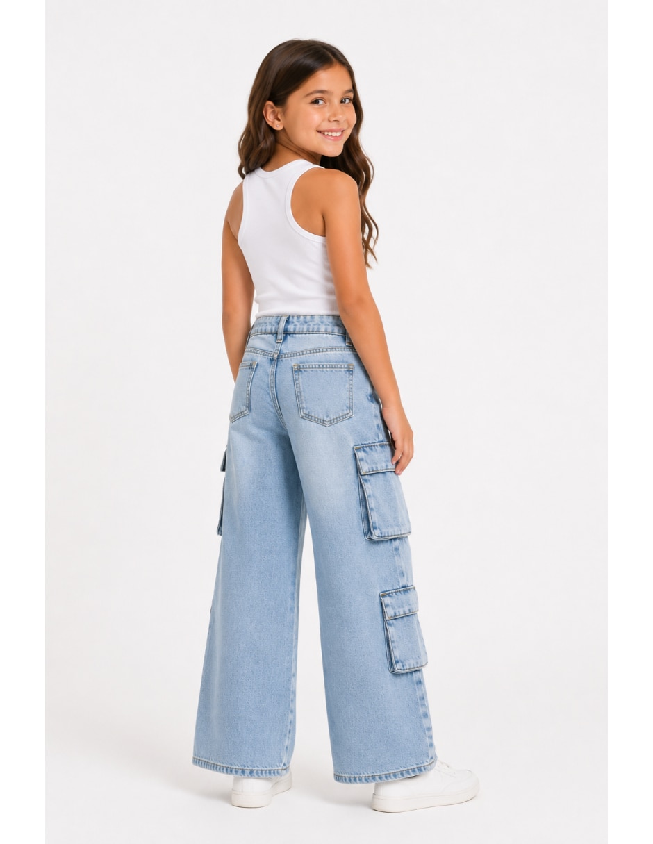 Jeans regular jenas wide leg cargo lavado claro para niña 2
