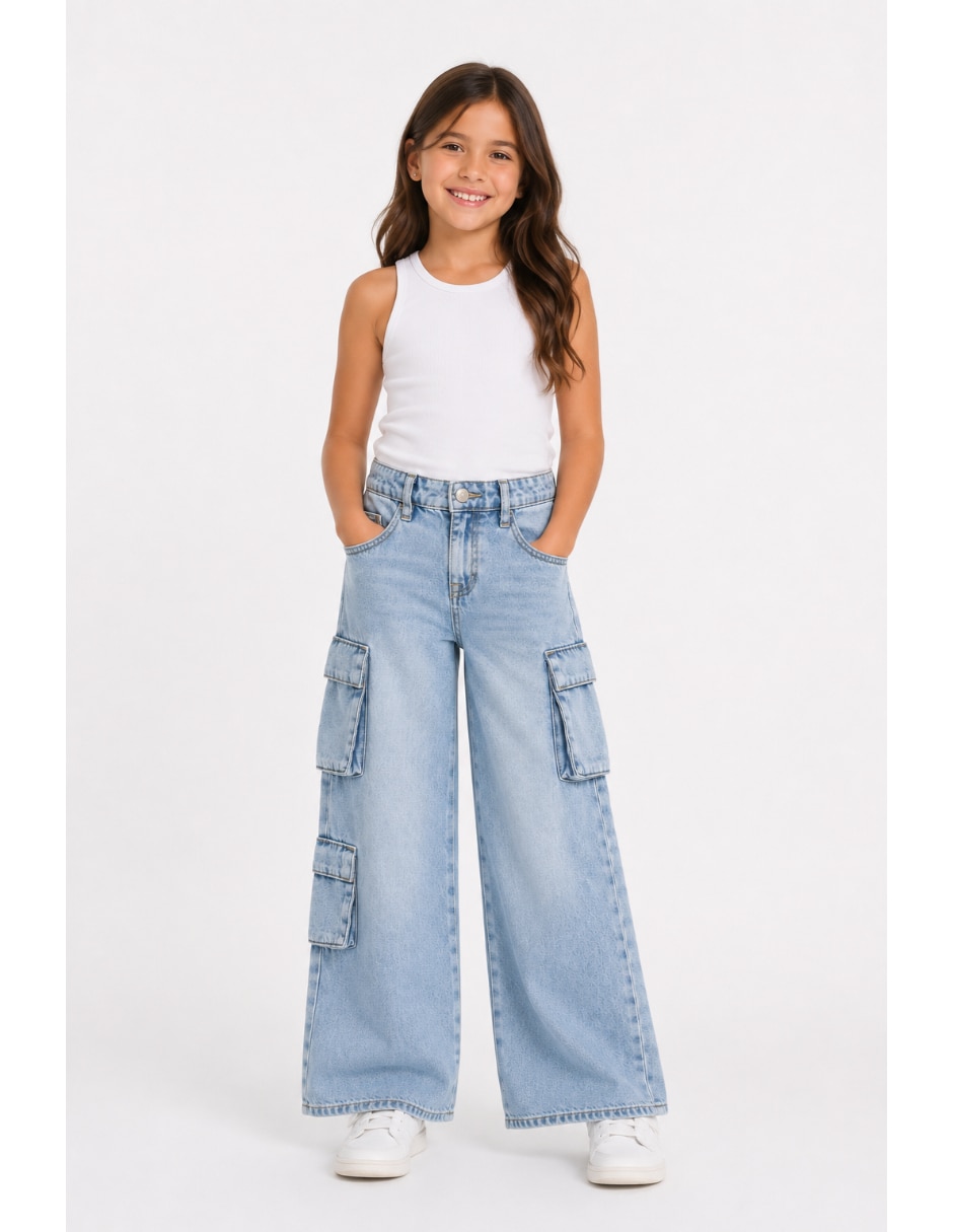 Jeans regular jenas wide leg cargo lavado claro para niña 3