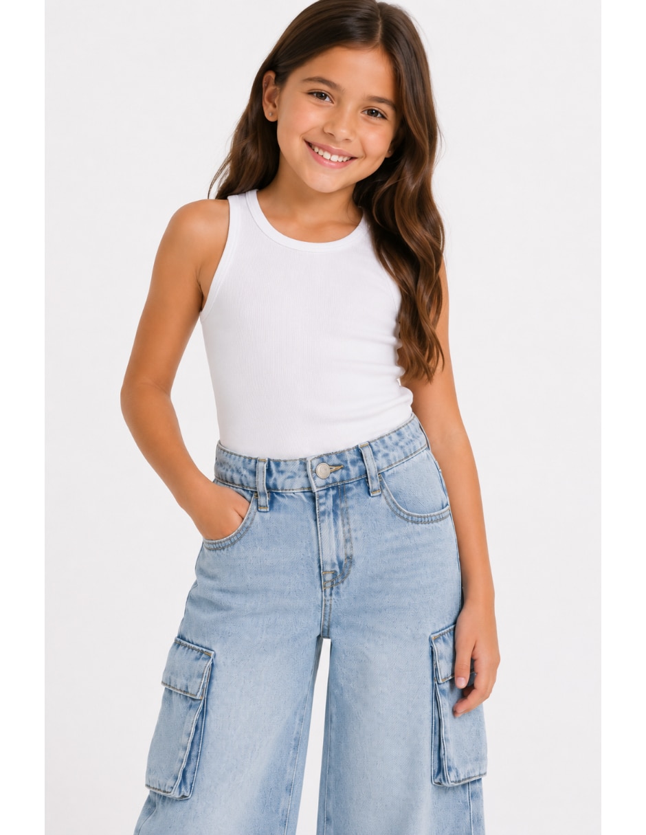 Jeans regular jenas wide leg cargo lavado claro para niña 4