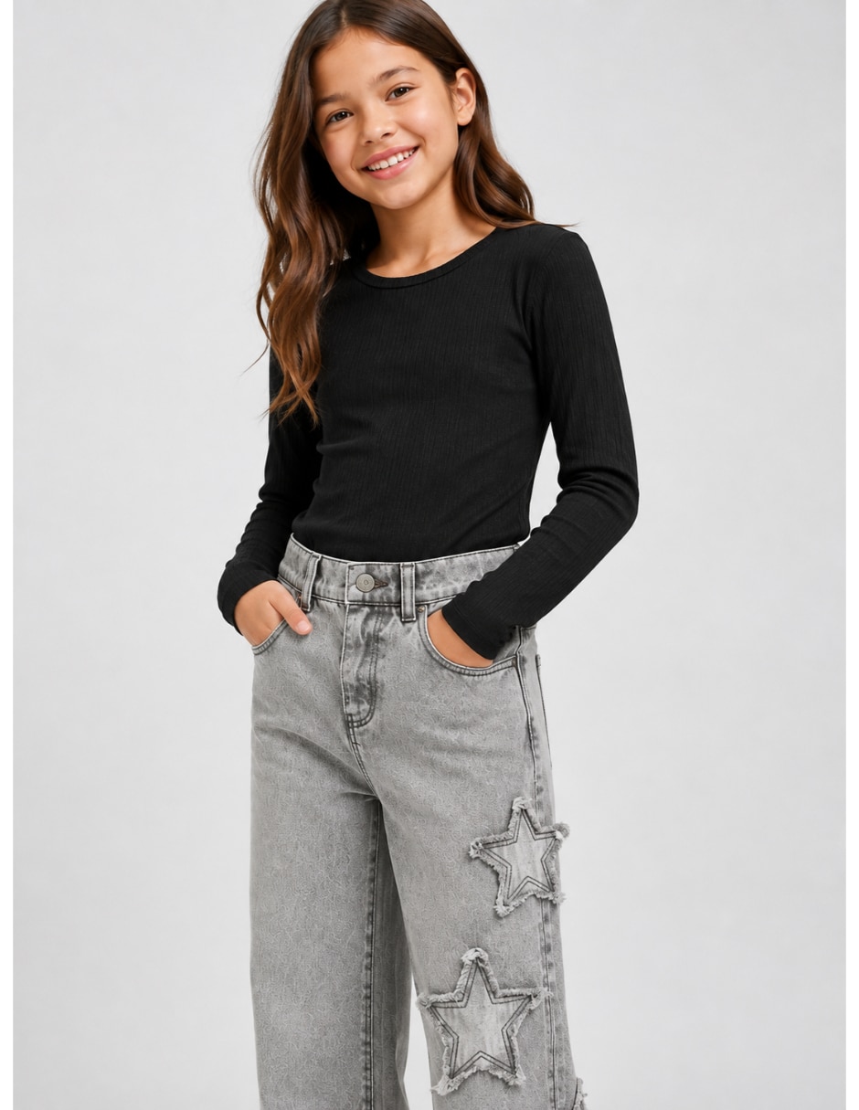 Jeans wide leg deslavado para niña 4