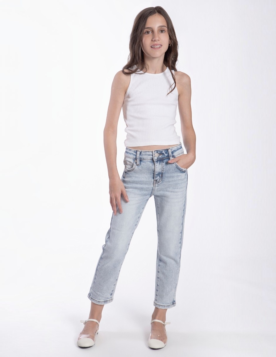 Jeans regular mom lavado claro para niña 1