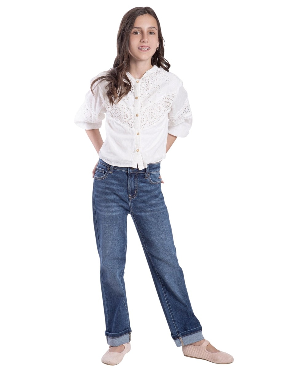 Jeans regular boyfriend lavado encerado para niña Jeans regular boyfriend lavado encerado para niña